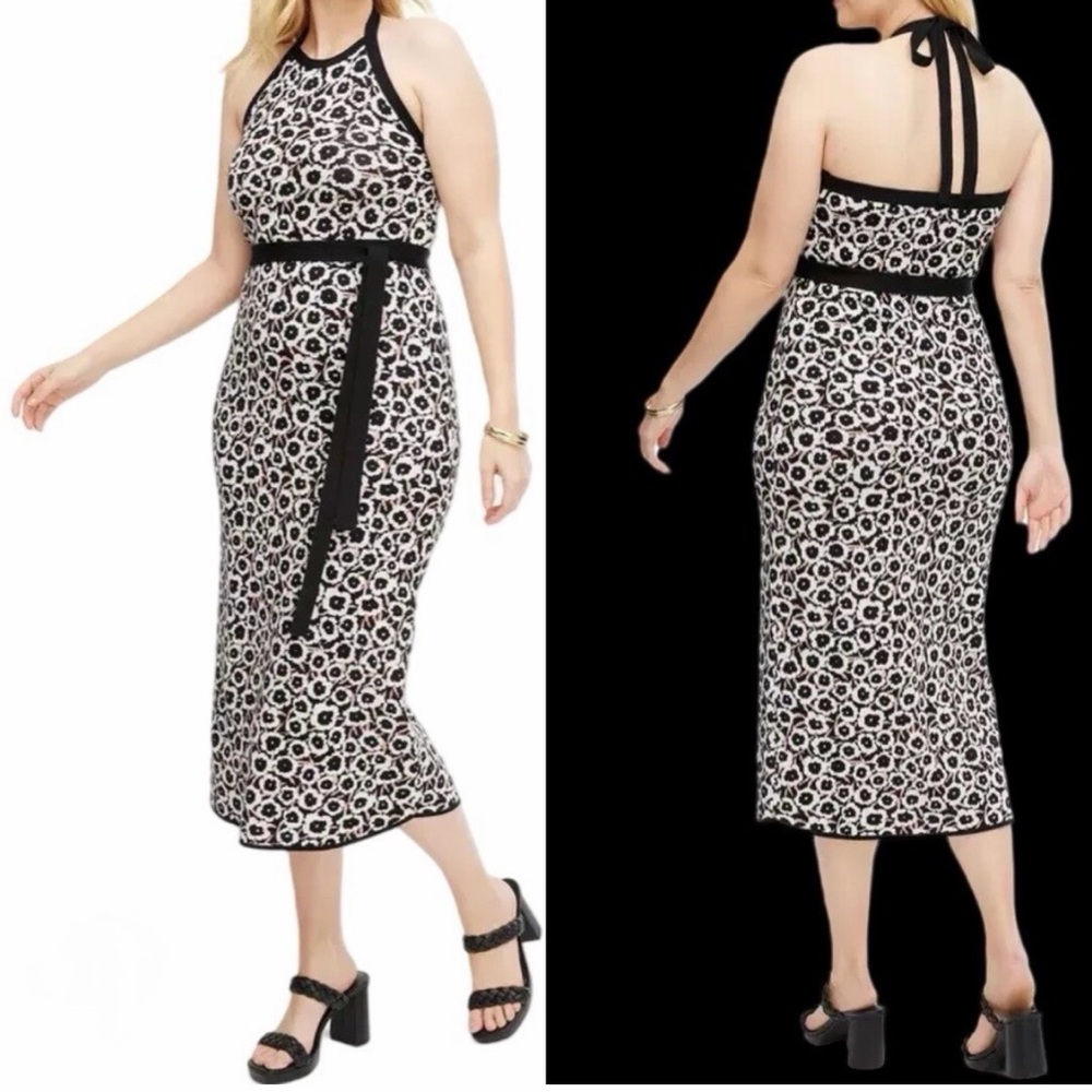 Diane von Furstenberg Halter Tie Neck Neutral Poppy Sweaterknit Midi Dress